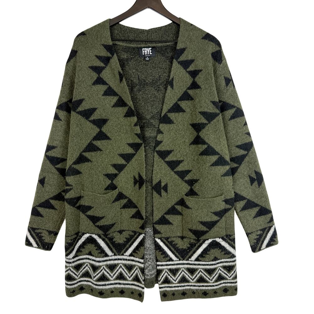FRYE Womens The Cozy Cardigan Sweater Green Tribal Knit - Size M